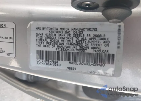 2003 Toyota Camry Le из США, поврежденный, VIN 4T1BE32K03U730557